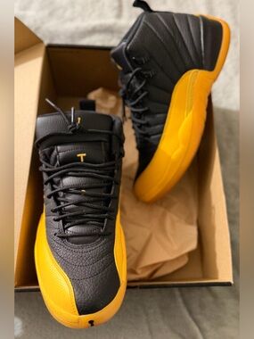 Jordan 12 BlackAthletic Sneakers with Yellow Accent